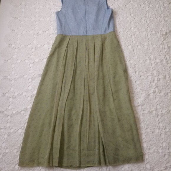 Perry Landhaus Maxi Dress Green Blue Floral Linen Fit Flare Medium Large  Women - Picture 7 of 7